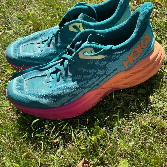 Hoka Teal Blue Running Shoes with Pink and Orange Midsole - Picture 3 of 6